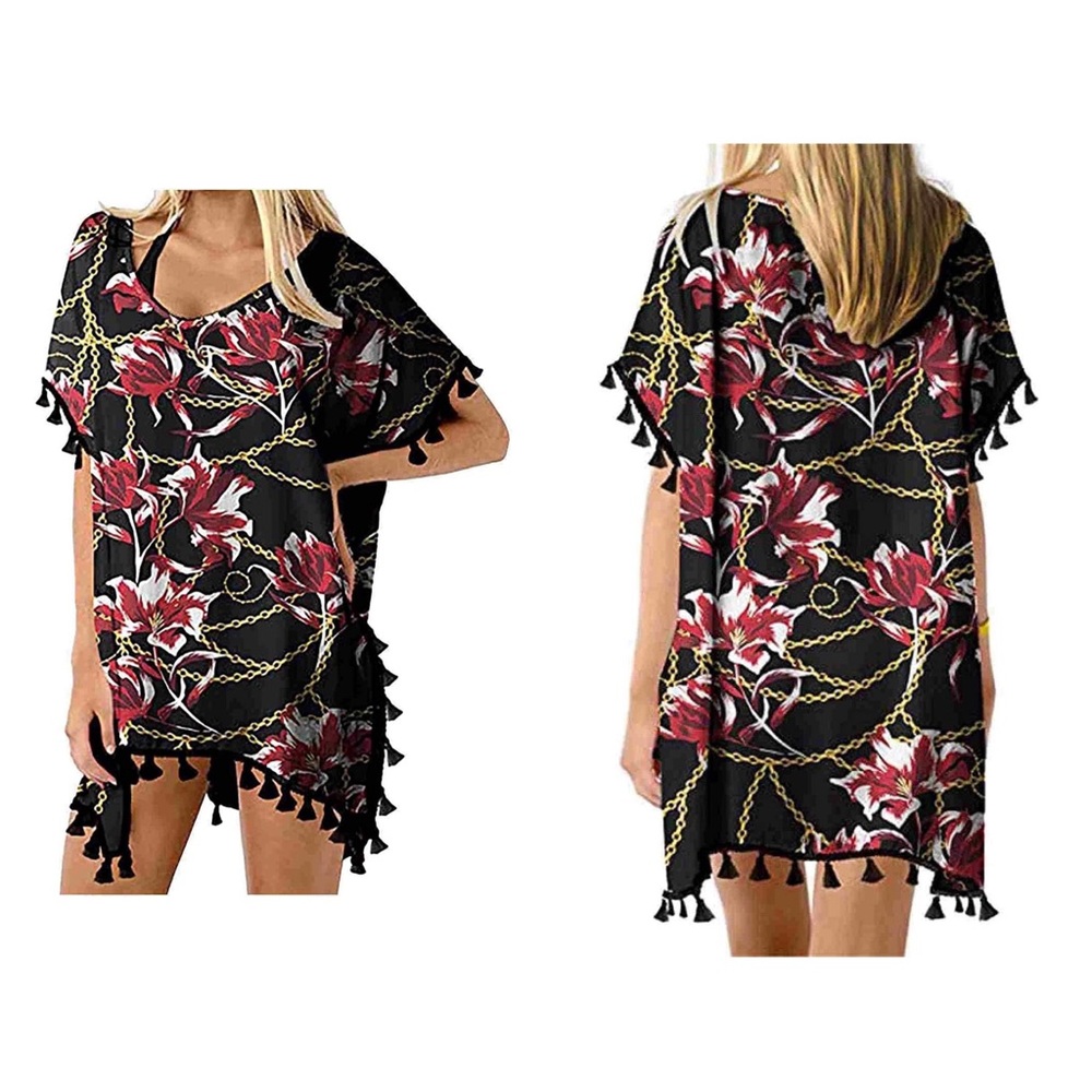 Yessica Print Tassel Bikini Swimwear Beach Printing Loose Cover Up Sz XS